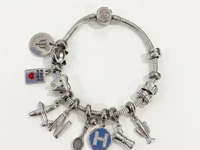 Pulseira prateada com vários berloques
